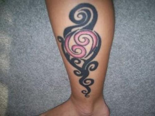 Black Ink Tribal And Cancer Tattoo on Leg