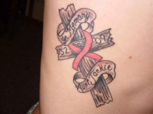 In Memory Cross And Ribbon Cancer Tattoo