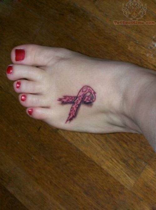 Attractive Pink Ribbon Breast Cancer Tattoo On Left Foot