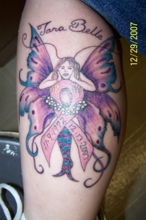 Amazing Fairy And Cancer Tattoo On Leg