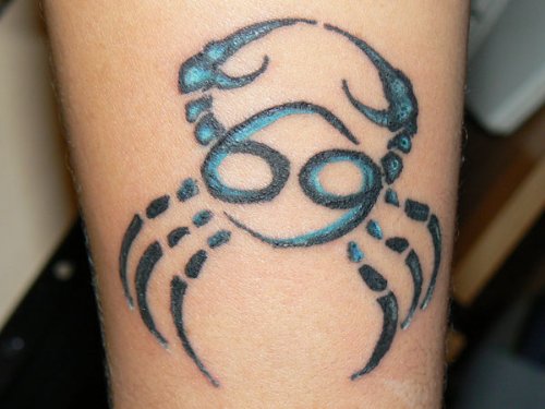 Black And Blue Ink Cancer Tattoo On Arm Sleeve