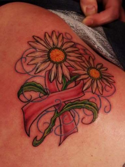 Color Flowers And Cancer Ribbon Tattoo On Right Back Shoulders