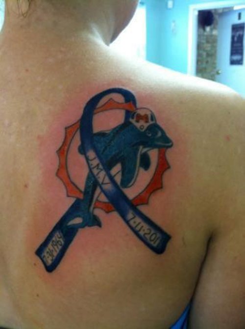 Right Back Shoulder Blue Ribbon Cancer Tattoo