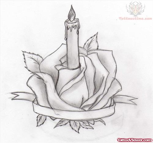 Rose Candle And Banner Tattoo Design