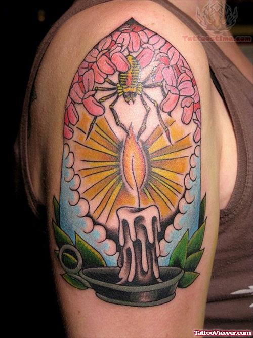 Charming Candle Tattoo On Shoulder
