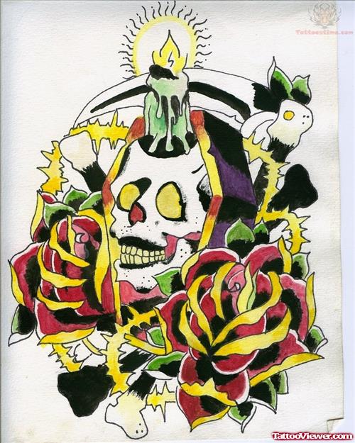 Coffin Skull Candle Tattoo Design