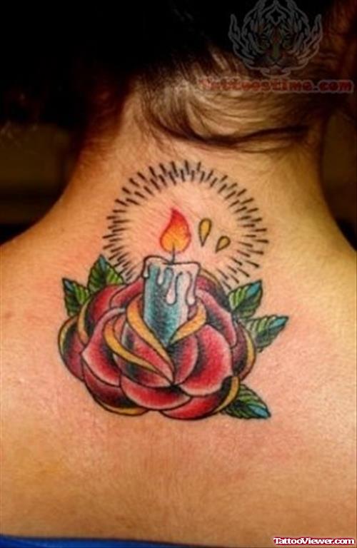 Red Rose Candle Tattoo On Back