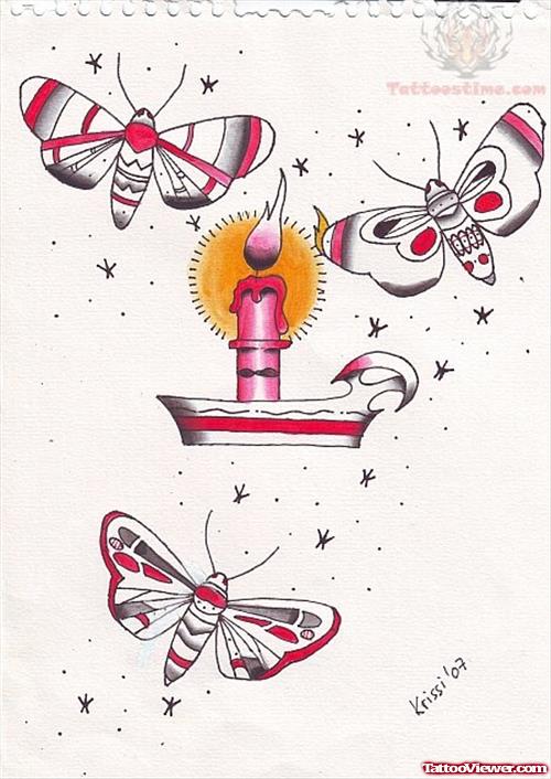 Butterflies And Candle Tattoo Design