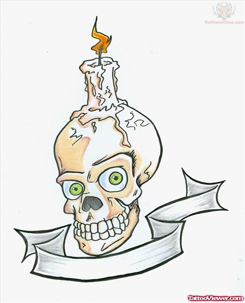Skull Candle And Banner Tattoo Design