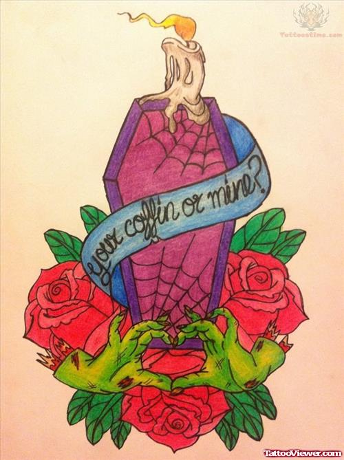 Flower And Coffin Candle Tattoo Design