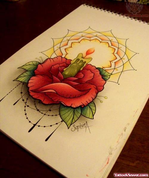 Candle And Red Rose Tattoo Design