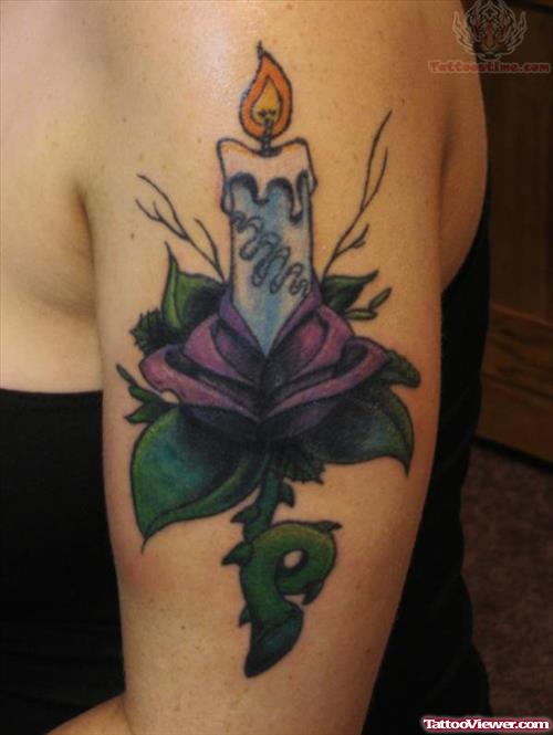 Flower Candle Tattoo On Bicep