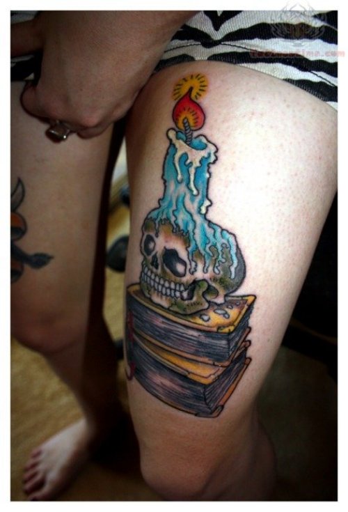 Burning Candle Tattoo On Thigh