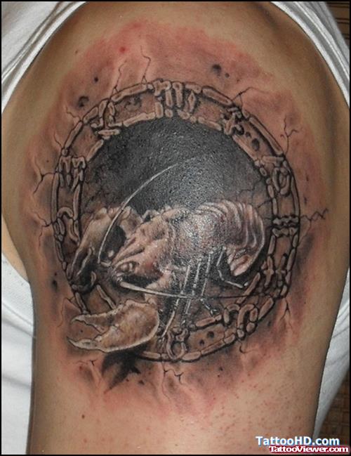 Grey Ink Capricorn Tattoo On Left Shoulder