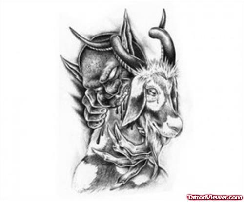 Grey Ink Capricorn Head Tattoo Design