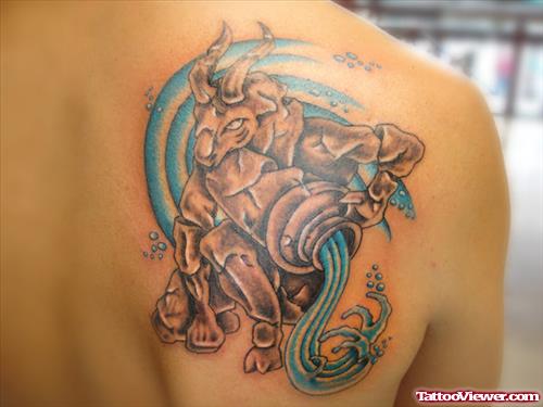 Aquarius And Capricorn Tattoo On Right Back Shoulder