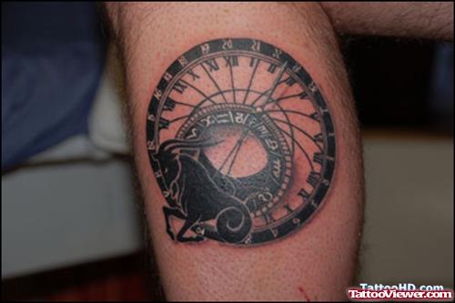 Black Ink Capricorn Zodiac Tattoo On Leg