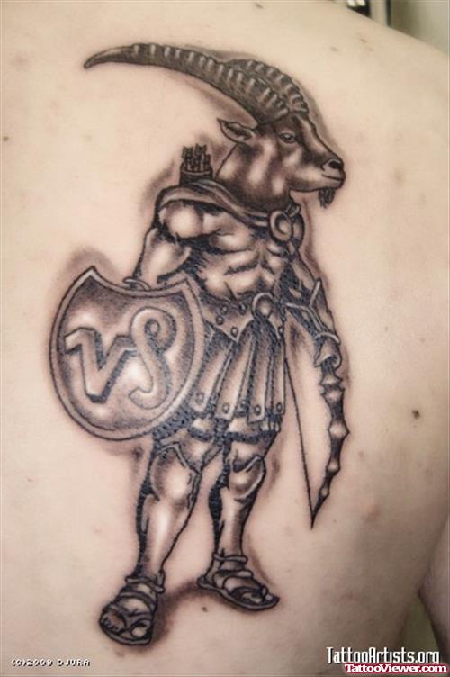 Grey Ink Capricorn Tattoo On Back