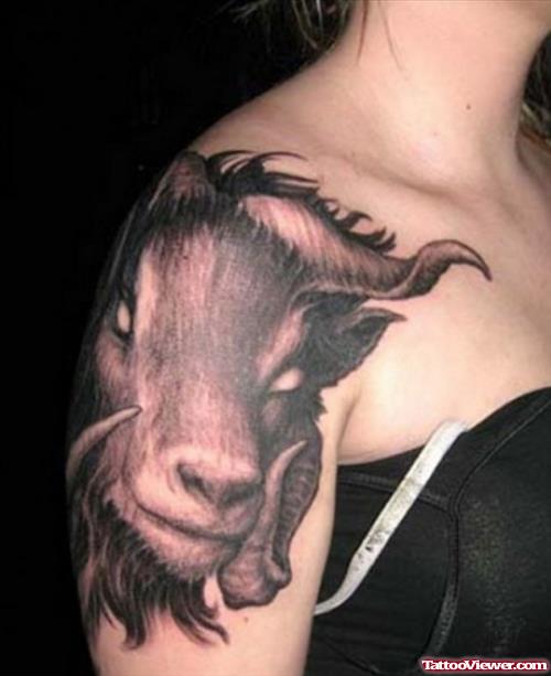 Capricorn Head Tattoo On Shoulder For Girls
