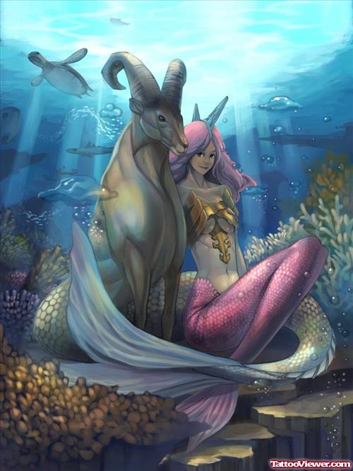 Mermaid And Sea Goat Capricorn Tattoo Design