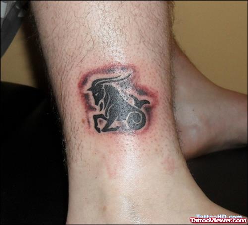 Black Ink Capricorn Tattoo On Leg