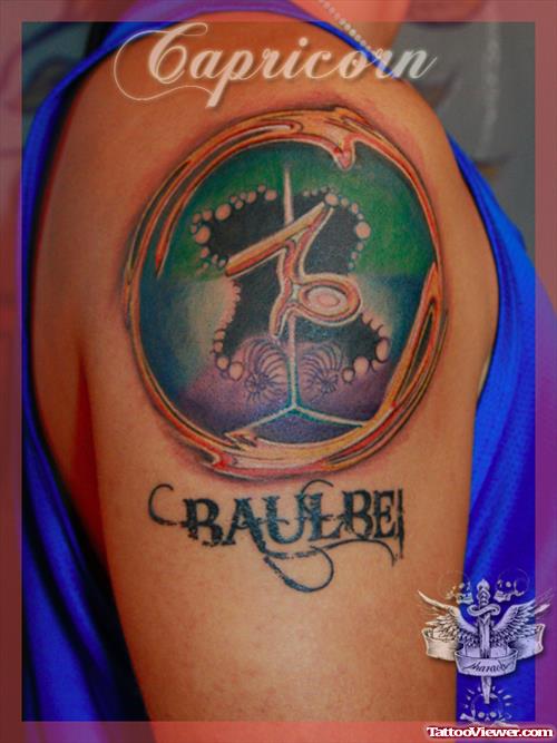 Awesome Colored Capricorn Tattoo On Right Shoulder