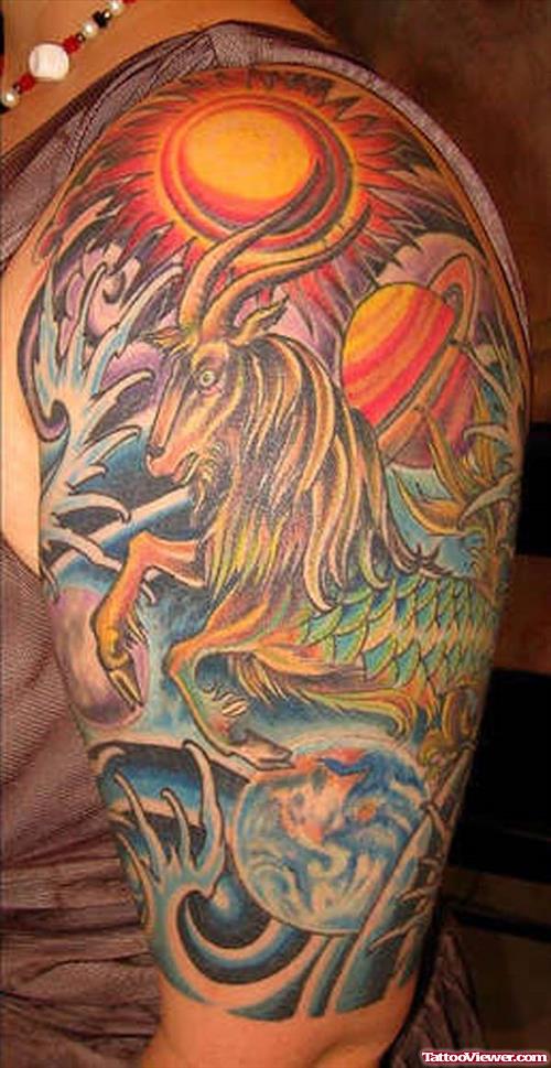 Colored Capricorn Tattoo On Left Half Sleeve
