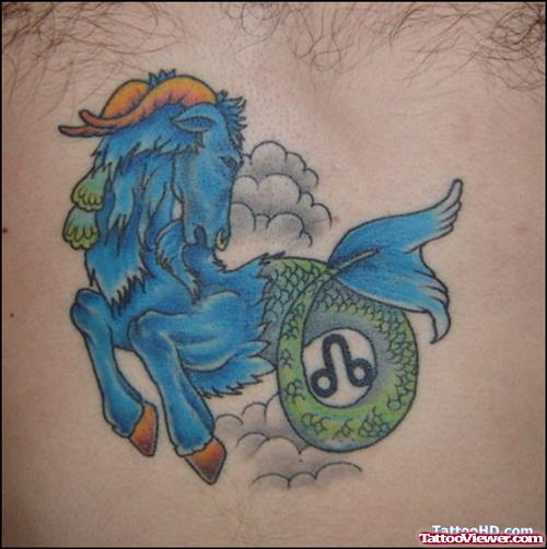 Blue Ink Capricorn Zodiac Sign Tattoo