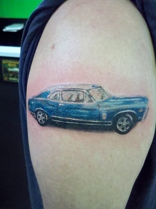 Blue Car Tattoo On Shoulder