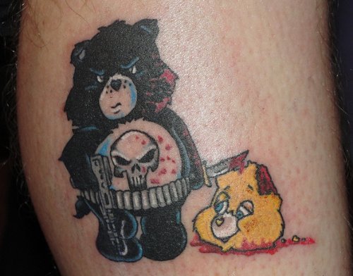 The Punisher Bear Cartoon Tattoo On Leg