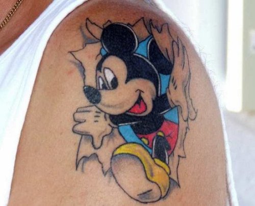 Color Ink Mickey Mouse Cartoon Tattoo On Left Shoulder