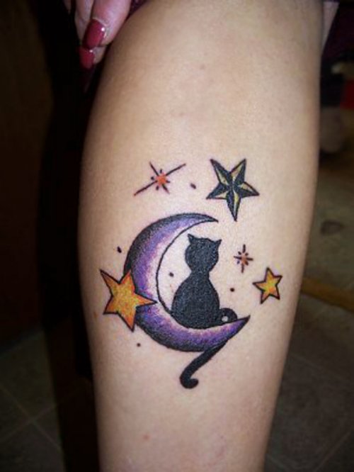 Kitty And Moon Cartoon Tattoo