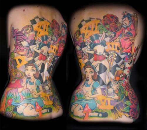 Awesome Colored Cartoon Tattoos On Back
