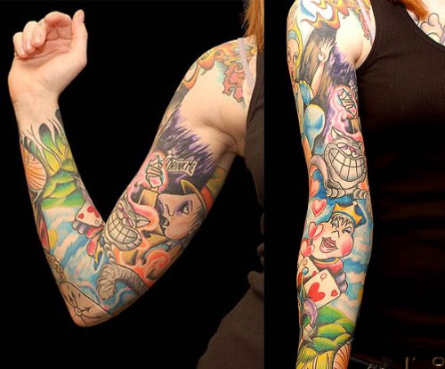 Attractive Full Sleeve Colored Cartoon Tattoo
