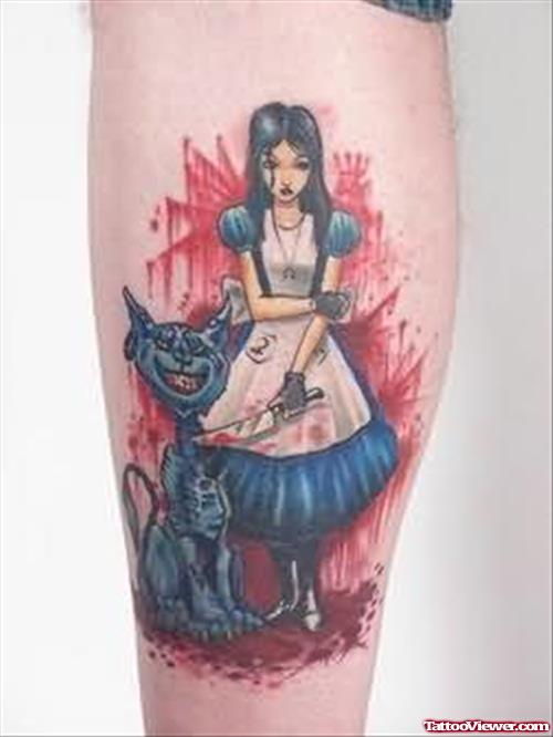 Cat And Girl  Tattoo On Leg