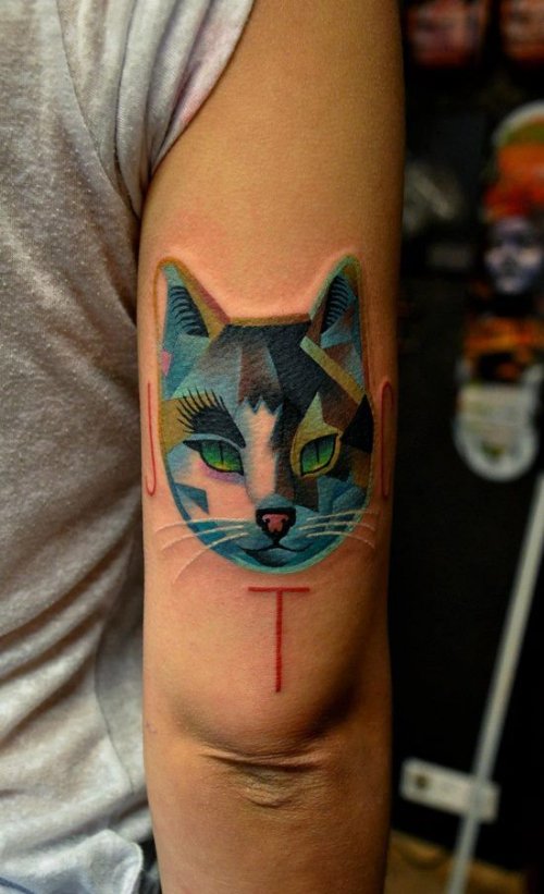 Abstract Color Cat Head Tattoo On Bicep