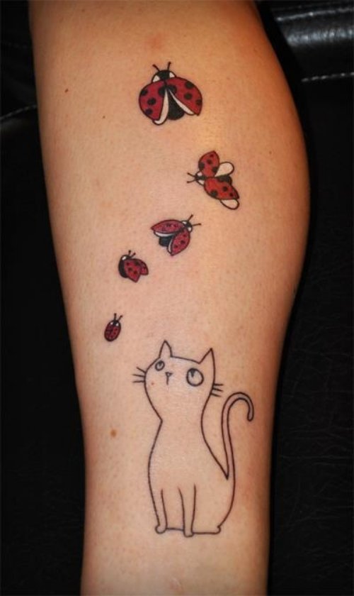 Color Ladybugs And Cat Tattoo On Leg