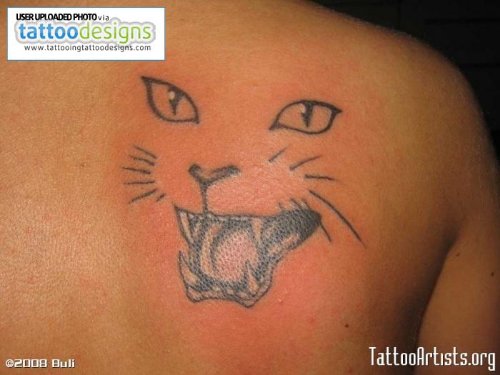 Angry Cat Tattoo On Right Back Shoulder