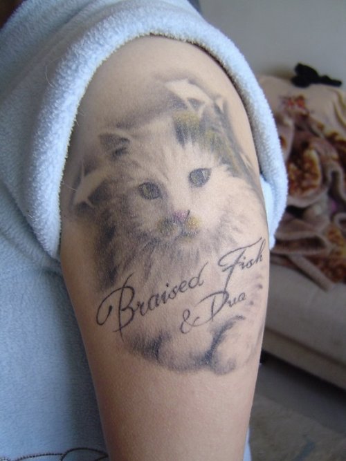 Grey Ink Cat Tattoo On Left Half Sleeve