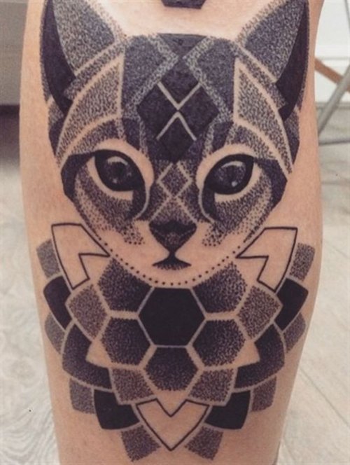 Classic Dotwork Mandala Cat Tattoo