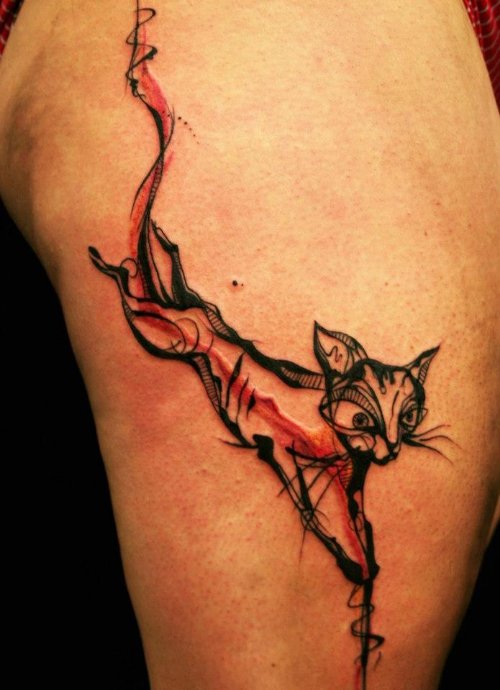 Abstract Cat Tattoo On Left Arm