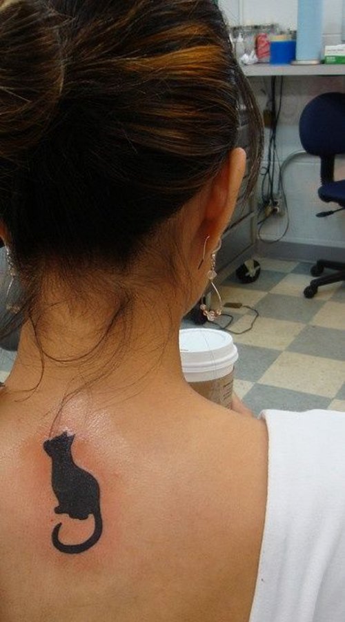 Awesome Black Ink Cat Tattoo On Upperback