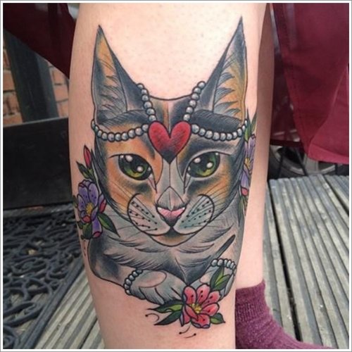 Flowers And Cat Head Tattoo