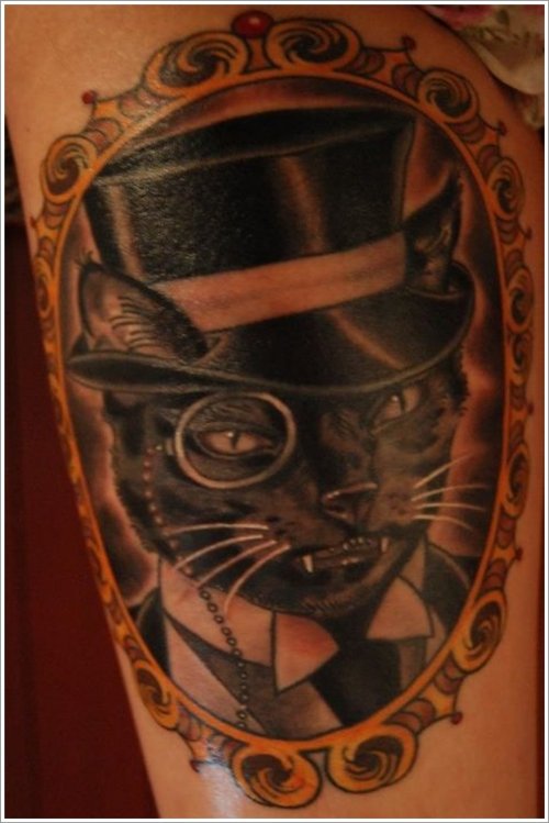 Grey Ink Cat Head With Hat Tattoo