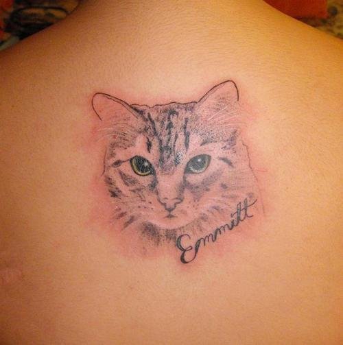 Grey Ink Cat Head Tattoo On Back