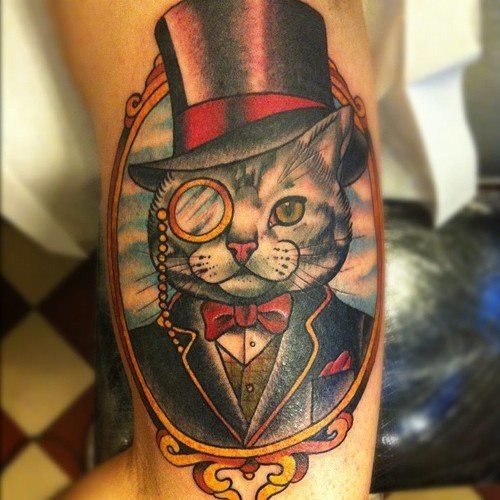 Cat With Hat Tattoo On Sleeve