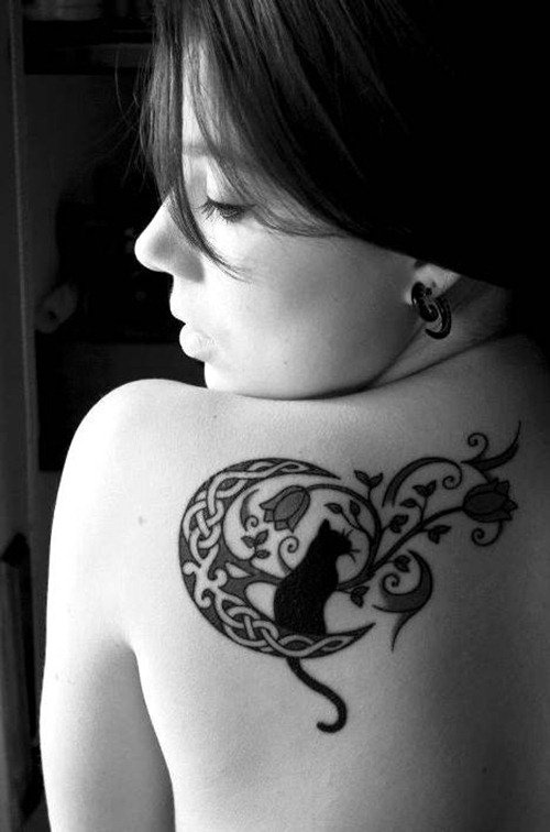 Moon And Black Cat Tattoo On Left Back Shoulder