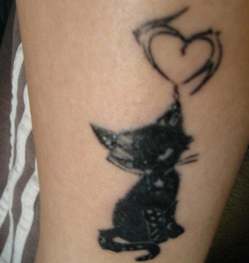 Black Cat And Heart Tattoo