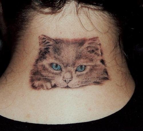 Blue Eyes Cat Tattoo On Nape