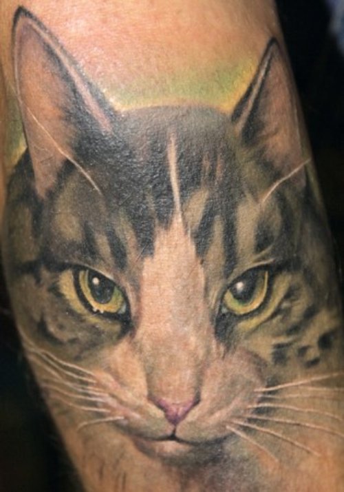 Amazing Grey Ink Cat Head Tattoo